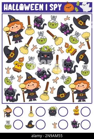 Halloween sehe ich Kinderspiele. Such- und Zählaktivitäten mit der süßen Kawaii-Hexe. Gruseliges, im Herbst druckbares Arbeitsblatt für Vorschulkinder. Ganz Einfach Stock Vektor