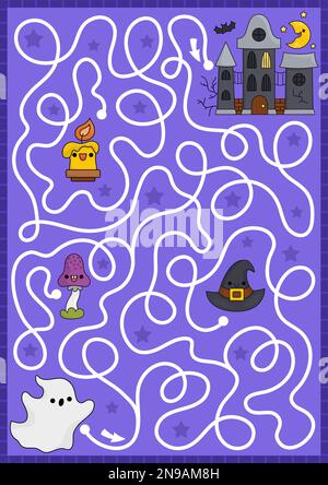 Halloween-Labyrinth für Kinder. Herbstferien Vorschule ausdruckbare Aktivität mit süßem Kawaii Geist und Spukhaus. Gruseliges Labyrinth-Spiel mit süßer Charakteristik Stock Vektor