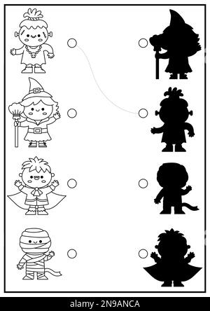 Halloween-Schwarz-Weiß-Schattenspiel. Herbstferien-Puzzle mit süßer Kawaii-Hexe, Vampir. Suchen Sie das richtige Arbeitsblatt zum Ausdrucken der Silhouette Stock Vektor
