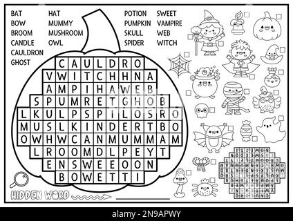 Vector schwarz-weiß Halloween Kürbis-förmiges Wortschreibrätsel für Kinder. Quiz zum Herbsturlaub für Kinder. Informative Aktivität mit Kawaii-Symbol Stock Vektor