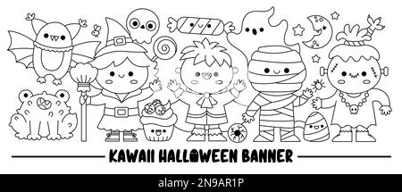 Halloween-Banner in Schwarz und Weiß mit niedlichen Kawaii-Figuren für Kinder. Vektorlinienhexe steht mit Vampir, Mumie, Fledermaus, Frosch, Geist. Fu Stock Vektor