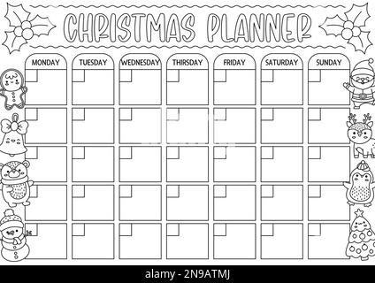 Vector Monatsplaner für Weihnachten in Schwarz und Weiß mit traditionellen Weihnachtssymbolen. Hübscher Winterkalender, Zeitplan für Kinder. Neujahrsfarbe Pa Stock Vektor