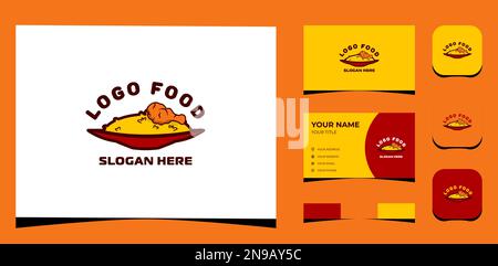 Template Logo Creative Asian Food, Reis und gebratenes Huhn auf Teller. Kreative Vorlage mit Farbpalette, visuellem Branding, Visitenkarte und Symbol. Stock Vektor