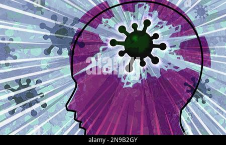 Coronavirus psychische Gesundheitsauswirkungen des Covid-Symbols bei magentafarbenem Kopfabbau mit Virus Grunge Hintergrund Stockfoto