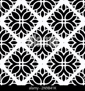 Nahtloses Muster mit orientalischem Ornament. Schwarz-weißer Rhombus und botanische Elemente Stockfoto