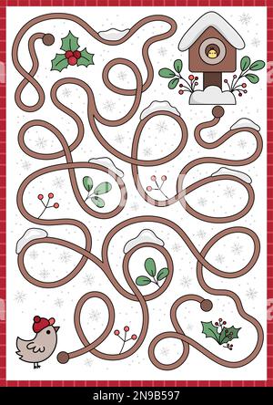 Weihnachtslabyrinth für Kinder. Winterferien Vorschule ausdruckbare Aktivität mit süßem Kawaii-Vogel, Schneeflocken und Vogelhaus mit Nestling. Das Neujahrslabyrinth Stock Vektor