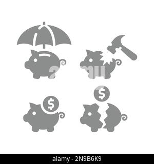 Zerbrochenes Sparschwein mit Hammer-Vektor-Symbolsatz. Inflation und Geld mit Dollar, Ikonen der Finanzversicherung. Stock Vektor