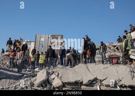 Adiyaman, Türkei. 11. Februar 2023. Freiwilligenteams aus der Türkei und vielen Teilen der Welt führen Such- und Rettungsaktionen durch. Seit dem Erdbeben in der Türkei und in Syrien sind 6 Tage vergangen. Bei dem Erdbeben, bei dem mehr als 20 000 Menschen ums Leben kamen, kam es zu großen Zerstörungen in der Türkei und Syrien. Das Erdbeben, das als Katastrophe bezeichnet wird, hat bisher mehr als 20 000 Tote und mehr als 200 000 Verletzte gefordert. In Adiyaman, einer der Städte, die am stärksten von dem Erdbeben in der Türkei betroffen sind, wird die Arbeit für Menschen und Tiere ununterbrochen fortgesetzt Stockfoto