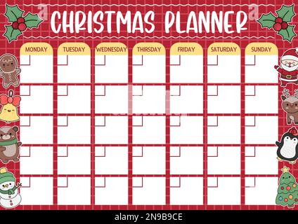 Monatsplaner für Vector-Weihnachten mit traditionellen Weihnachtssymbolen. Süßer Winterkalender oder Zeitplan für Kinder. Silvester-Poster mit süßem Kawaii-Weihnachtsmann Stock Vektor