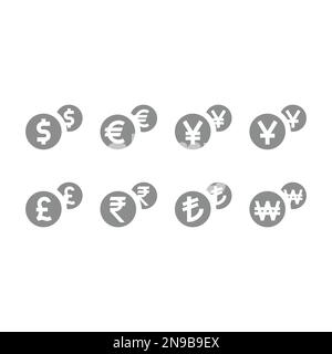 Geldmünzen, Münzen-Symbolsatz. Symbole für Weltwährungen, Dollar, Pfund und Euro. Stock Vektor