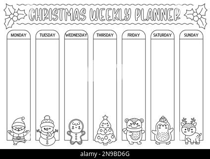 Vector Wochenplaner für Weihnachten in Schwarz und Weiß mit traditionellen Weihnachtssymbolen. Hübscher Winterkalender, Zeitplan für Kinder. Silvester-malpapier Stock Vektor