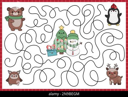 Weihnachtslabyrinth für Kinder. Winterferien Vorschule ausdruckbare Aktivität mit süßem Kawaiihirsch, Pinguin, Bär, Eule, Tannenbaum, Schneemann. Das Neujahrslabyrinth Stock Vektor