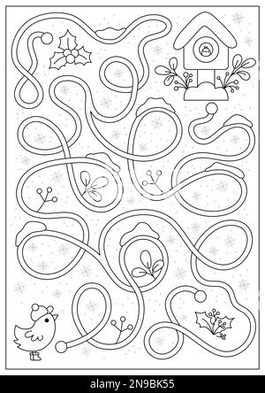 Weihnachtliches schwarz-weißes Labyrinth für Kinder. Winter-Linie Feiertage Vorschule ausdruckbare Aktivität mit niedlichem Kawaii Vogel, Schneeflocken, Vogelhaus. Neujahrslabyr Stock Vektor