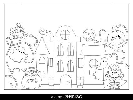 Vector schwarz-weiß Halloween Hintergrund mit niedlichem Spukhaus, Fledermaus, Hexe, Vampir. Lustige Herbstferien-Linekarte, Aktivitätenbuch-Deckblatt. Zeichentrickfilm Stock Vektor