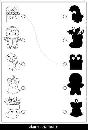 Weihnachtsaktivität mit Schwarz-Weiß-Schatten. Winterferien-Puzzle mit süßem Kawaii-Geschenk, Lebkuchenmann. Finden Sie die richtige Silhouette, die bedruckbar ist Stock Vektor