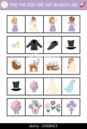 Finden Sie den Unbekannten heraus. Hochzeit - logische Aktivität für Kinder. Lernquiz-Arbeitsblatt zur Hochzeitszeremonie für Kinder. Einfacher druck Stock Vektor
