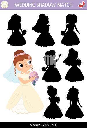 Hochzeitsschatten-Aktivität mit süßen Bräuten. Hochzeitszeremonie-Puzzle mit wunderschönem Mädchen in weißem Kleid mit Blumenstrauß. Suchen Sie die richtige Silhouette Stock Vektor