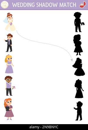 Hochzeitsnachrichten mit Braut, Bräutigam und ihren Gästen. Hochzeitszeremonie-Puzzle mit süßem, frisch verheiratetem Paar. Suchen Sie die richtige Silhouette Stock Vektor