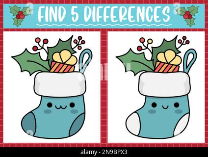 Weihnachten findet Differenzen Spiel für Kinder. Aktivität zur Aufmerksamkeitsausbildung mit niedlichem Strumpf und Geschenk. Silvester-Puzzle für Kinder mit lustigem Charakter Stock Vektor
