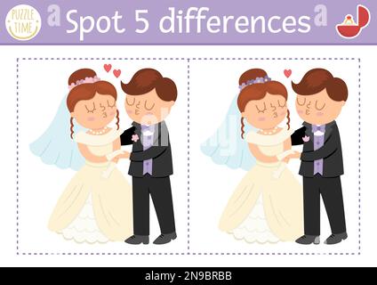 Finde das Unterschiedsspiel für Kinder. Hochzeitsveranstaltung mit süßem Ehepaar. Hochzeitszeremonie-Puzzle für Kinder mit lustiger küssender Braut Stock Vektor