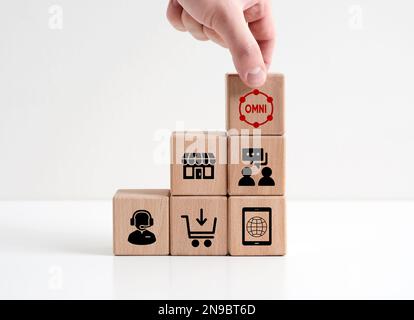 Omni-Channel-Marketingkonzept. Digitales Online-Marketing. Platzieren Sie Holzwürfel mit Omni-Text von Hand auf Holzwürfel mit Marketingsymbolen. Stockfoto