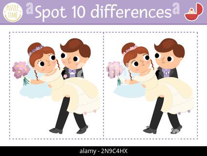 Finde das Unterschiedsspiel für Kinder. Hochzeitsveranstaltung mit süßem Ehepaar. Hochzeitszeremonie-Puzzle für Kinder, deren Bräutigam sein B trägt Stock Vektor