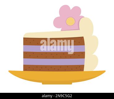 Ein Vektorkuchen auf einem Teller mit rosa Blüten und lila Creme. Süßes Ehe-Clipart-Element. Nur ein verheiratetes Paar Nachtisch. Cartoon-Zeremonie illu Stock Vektor