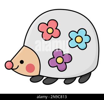 Vector Kawaii Igel Ikone für Kinder. Süße Illustration. Komische Zeichentrickfigur. Bezauberndes graues Klippentier mit Blumen Stock Vektor