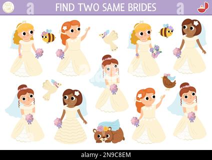 Finde zwei gleiche Bräute. Heiratsveranstaltung für Kinder. Lernquiz-Arbeitsblatt zur Hochzeit für Kinder zur Aufmerksamkeit. Einfacher Druck Stock Vektor