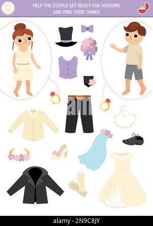 Hochzeitszeremonie, die mit süßer Braut, Bräutigam und ihren Kleidern zusammenpasst. Spiel „Matches the Objects“. Hilf dem Paar, sich für die Hochzeit vorzubereiten und finde ihn Stock Vektor