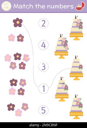 Das Bauernspiel lässt sich mit Kuchen- und Blumendekoration kombinieren. Mathematikaktivität zur Eheschließung für Vorschulkinder. Arbeitsblatt für die Zählung im Bildungsbereich mit t Stock Vektor