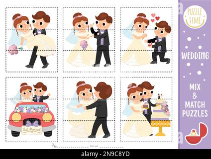 Vektor-Hochzeitsmischung und passendes Puzzle mit süßer Braut und Bräutigam. Passendes Ausschneiden der Hochzeitszeremonie für Vorschulkinder. Für Bildungszwecke druckbares g Stock Vektor