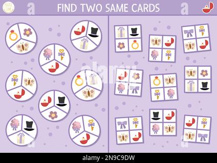 Finde zwei gleiche Karten mit Hochzeitsgegenständen. Heiratsveranstaltung für Kinder. Lernquiz-Arbeitsblatt für Kinder zu Aufmerksamkeitsfähigkeiten. Stock Vektor