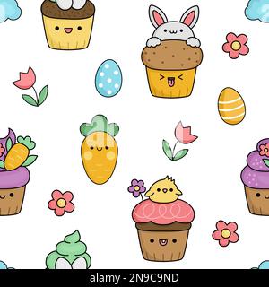 Vector Kawaii Ostern Nahtloses Muster für Kinder mit lustigen Cupcakes. Süße Zeichentrickfilme im Hintergrund. Traditionelles digitales Papier mit farbigem Ei Stock Vektor