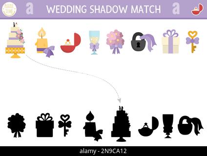 Hochzeitsschatten mit niedlichen Braut- und Bräutigam-Symbolen. Hochzeitszeremonie-Puzzle mit Kuchen, Kerze, Ring, Blumenstrauß. Suchen Sie die richtige Silhouette Stock Vektor