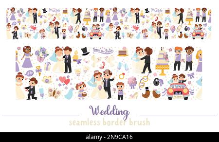 Vektorhochzeit, nahtlos gemusterte Randbürste mit frisch verheiratetem Paar. Eheschließung, horizontaler, sich wiederholender Hintergrund. Süße eheliche Illustration Stock Vektor