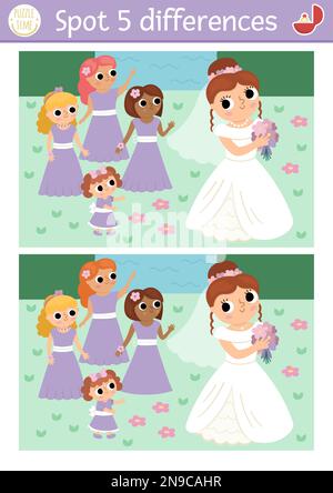 Finde das Unterschiedsspiel für Kinder. Hochzeitserzieherische Aktivität mit süßem verheiratetem Mädchen. Hochzeitszeremonie-Puzzle für Kinder mit Brautstrauß Stock Vektor