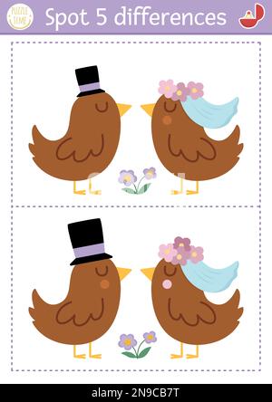 Finde das Unterschiedsspiel für Kinder. Pädagogische Aktivität für Hochzeiten mit süßen verheirateten Vögeln. Hochzeitszeremonie-Puzzle für Kinder mit lustigem Tier B. Stock Vektor