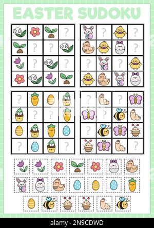 Vector Kawaii Sudoku Oster Puzzle für Kinder mit Bildern. Einfaches Quiz zum Frühjahrsfest mit Schneide- und Kleberelementen. Gartenpädagogik mit Hase Stock Vektor