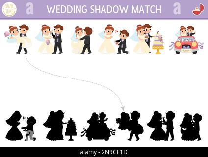 Hochzeitsnachrichten mit Braut und Bräutigam. Hochzeitszeremonie-Puzzle mit süßem, frisch verheiratetem Paar. Finden Sie die richtigen druckbaren Silhouetten Stock Vektor