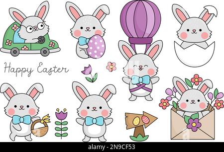 Vector Osterhasen Set für Kinder. Süße Kawaii-Kaninchen-Sammlung. Lustige Zeichentrickfiguren. Traditionelle Darstellung des Symbols für Frühlingsferien mit Hase w Stock Vektor