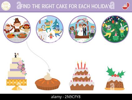 Hochzeit, Weihnachten, Thanksgiving, zum Geburtstag passende Aktivität mit süßen Weihnachtsszenen und Desserts. Finde den richtigen Kuchen für jede Party. Seite zuordnen Stock Vektor