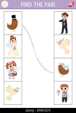 Hochzeitsangebot für Kinder. Lustiges Puzzle mit süßen, frisch verheirateten Paaren. Pädagogisches Spiel zur Hochzeitszeremonie, ausdruckbares Arbeitsblatt für Kinder wi Stock Vektor