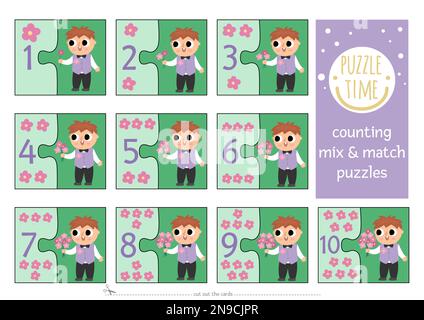 Vektor-Hochzeitsmischung und passendes Puzzle mit süßen Blumen und Junge mit Blumenstrauß. Mathematikabgleich für Vorschulkinder. Ausdruckbare Anzahl für Bildungszwecke Stock Vektor