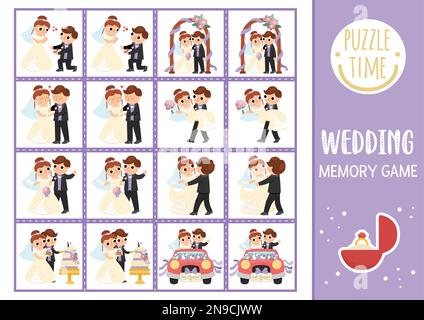 Vektorhochzeit Gedächtniskarten mit süßem, frisch verheiratetem Paar. Eheschließungsaktivitäten. Denken Sie daran und finden Sie die richtige Karte. Einfach bedruckbar Stock Vektor