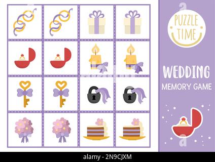 Vektorhochzeit Karten mit süßen traditionellen Symbolen. Eheschließungsaktivitäten. Denken Sie daran und finden Sie die richtige Karte. Einfach bedruckbar Stock Vektor