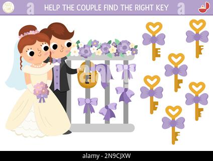 Finde den richtigen Schlüssel für das Schloss. Hochzeitsangebot für Kinder. Lernquiz-Arbeitsblatt zur Eheschließung für Kinder. Sim Stock Vektor
