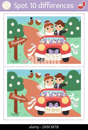 Finde das Unterschiedsspiel für Kinder. Hochzeitsveranstaltung mit süßem Ehepaar. Hochzeitszeremonie-Puzzle für Kinder mit Braut und Bräutigam Stock Vektor