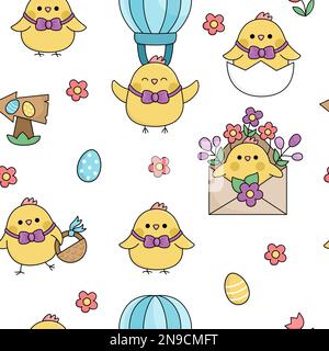 Vector Kawaii Ostern Nahtloses Muster für Kinder mit lustigen Mädels. Süße Zeichentrickfilme im Hintergrund. Traditionelle Symbole Digitalpapier mit farbigen Eiern, Stock Vektor