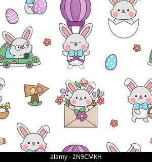 Vector Kawaii Ostern Nahtloses Muster für Kinder mit lustigen Häschen. Süße Zeichentrickfilme im Hintergrund. Traditionelle Symbole digitales Papier mit farbigen Eiern Stock Vektor